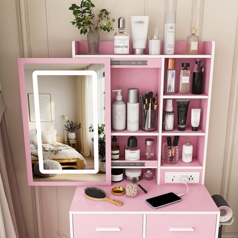 Meuble-lavabo compact avec lumières DEL réglables, prise de courant, rangement dissimulé et tabouret, Pink