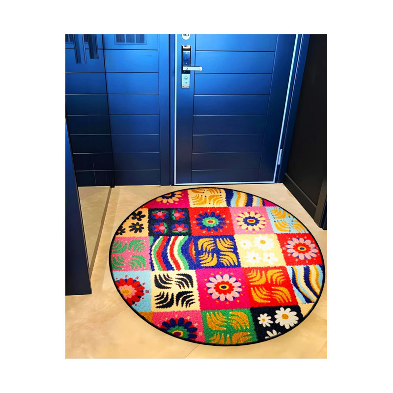 Multicolored Patchwork Patterned Woven Base Decorative Carpet, Round 2'8"
