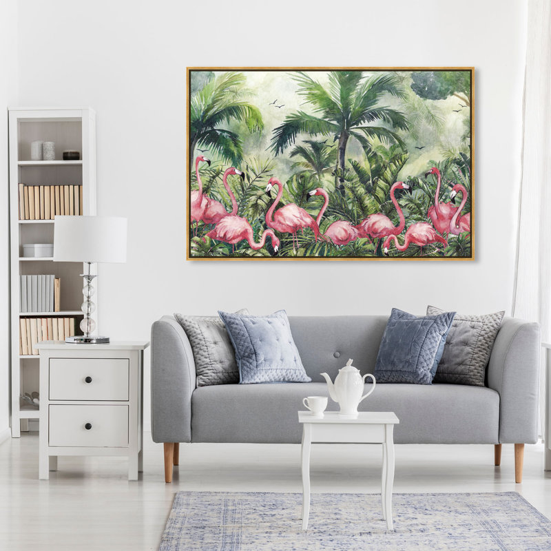 " Doll Memories - Flamingo Tropics " Painting Print, 36" H x 54" W, Gold Framed Canvas