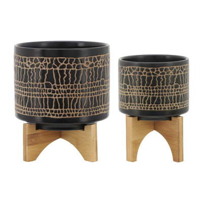 5/8" Glazed Planter W/ Stand, Black