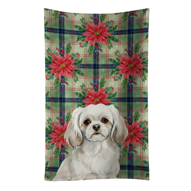 White Tibetan Spaniel Christmas PoinsettIas Kitchen Towel, White Tibetan Spaniel