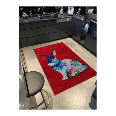Red Themed Multi Coloured Rabbit Patterned Creative Modern Decorative Rug Machine Washable