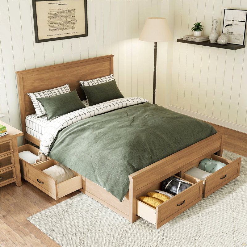 Structure de lit moderne avec 6 tiroirs, lit plateforme avec support à lattes en bois, aucun sommier nécessaire