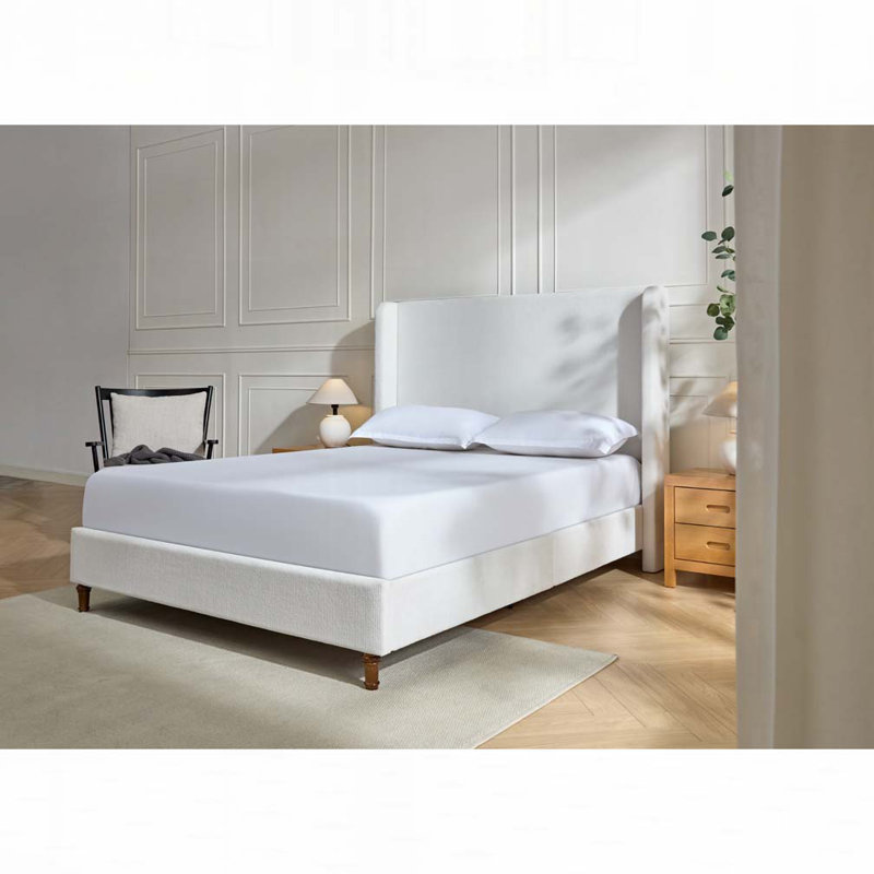Chenille Upholstered Wingback Bed, Cream White, King
