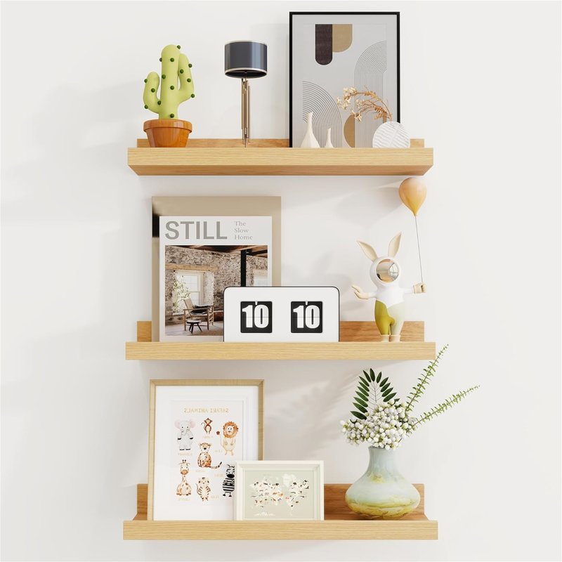 Rustic Floating Shelves Set of 3 with Lip, Picture Ledge Shelf for Nursery, Living Room – Multipurpose Storage Organizer, Bookshelf, & Photo Display Rack Oak