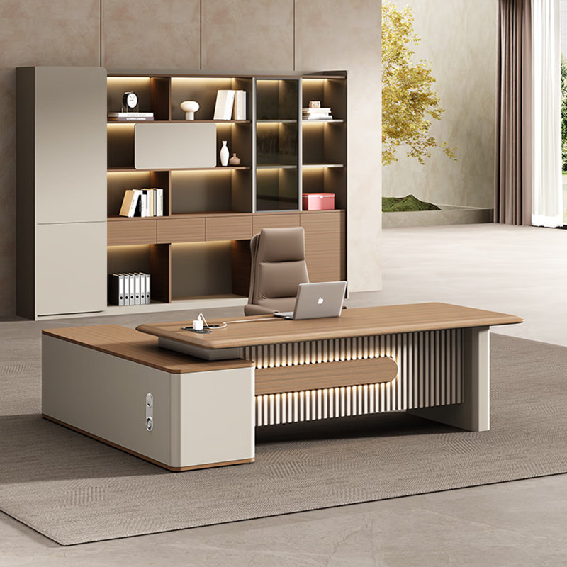 Bureau de direction en L 62,99 "de couleur naturelle et beige avec buffet, H 29,53 po x l 62,99 po x P 62,99 po