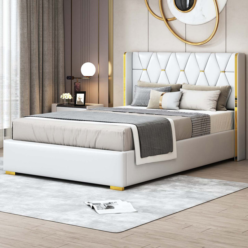 Upholstered Platform Bed with Metal Strips, Full / Double, Black