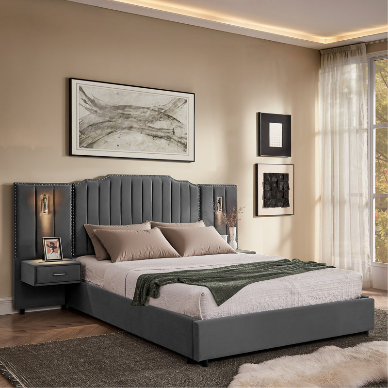 Structure de lit tapissier grand format avec tissu en velours, conception à rayures verticales avec boutons autour du lit plateforme avec tête de lit, structure solide et table de chevet - aucun sommier nécessaire - noir