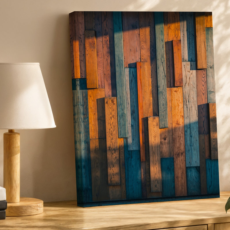 Toile, "Meuble abstrait visuel saisissant" composée de panneaux muraux en bois disposés à la verticale, de hauteurs et de largeurs variées