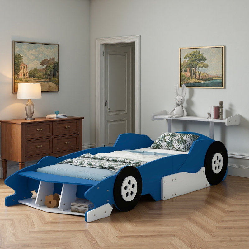 Lit à thème de voiture de course de conception moderne avec barrières de sécurité, Lit simple, Bleu