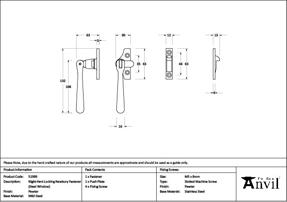 Newbury Night-Vent Locking Fastener (Steel Window), Pewter Patina