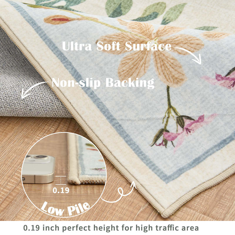 Chinoiserie Vintage Floral Rug Washable Non-slip Beige/Blue, Rectangle 2' x 3', Beige/Blue