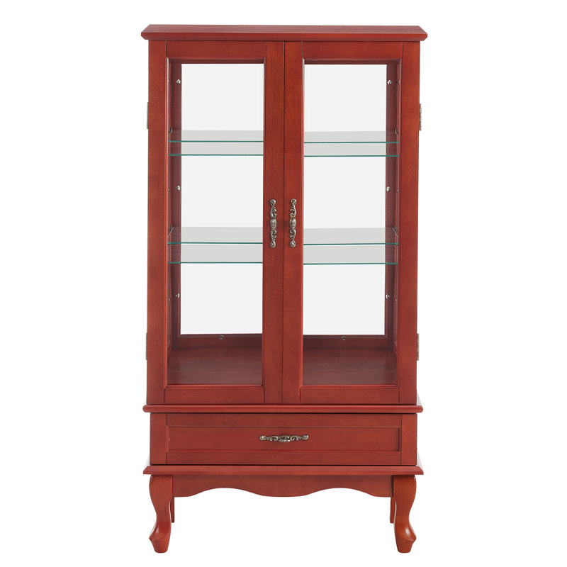 Vitrine lumineuse en verre avec tablettes réglables, deux portes et un tiroir pour une décoration polyvalente et un rangement efficace