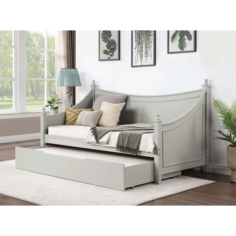 Transitional Twin Daybed with Molding Design, Finials, and Solid Wood Frame Ready for Mattress., Light Gray