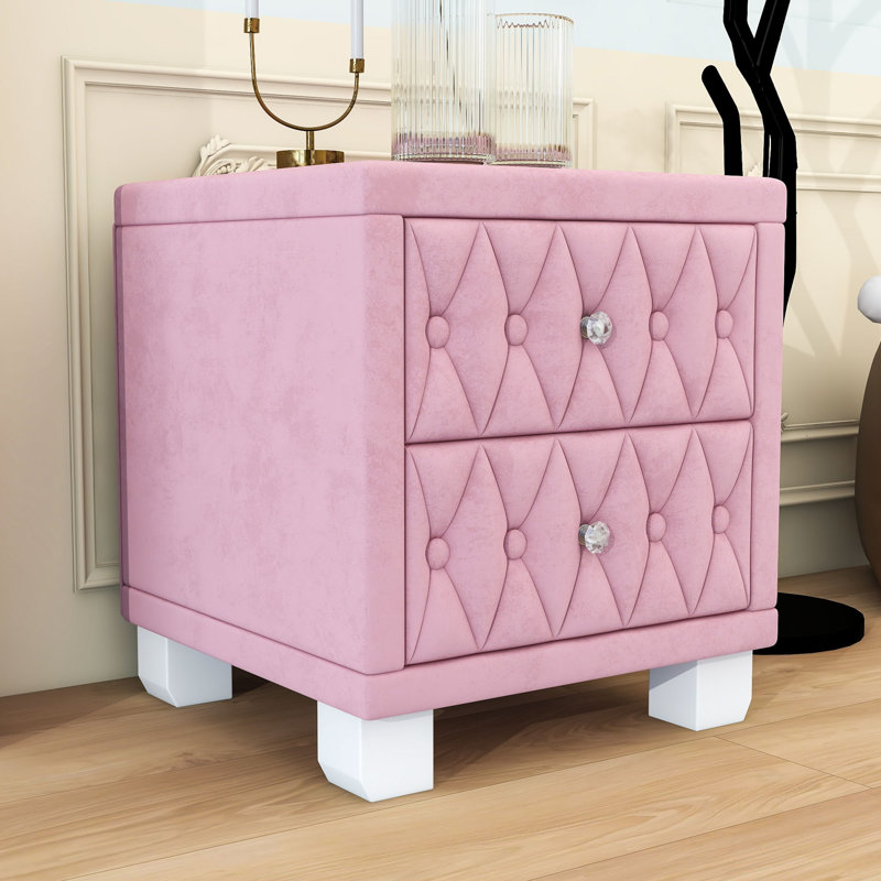 Table de chevet rembourrée avec 2 tiroirs et poignée en cristal, Rose