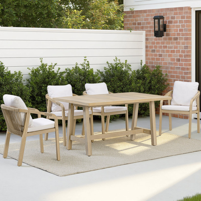 5 Piece Wooden Outdoor Dining Set With Cushions, Natural Eucalyptus Wood