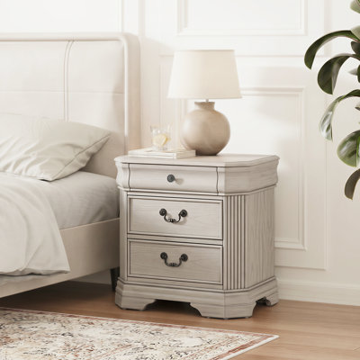 27" W Traditional 3-Drawer Nightstand / End Table, Solid Pine Wood, Fully Assembled, Light Antique Gray (White)