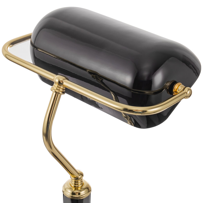 Black Glass Bankers Lamp With Gold Trim And Pull Chain Switch, Adjustable Desk Light For Office, Library, Or Study, Black
