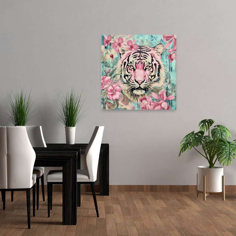 Tigre rose de la jungle - Affiche murale abstraite contemporaine représentant un tigre et une fleur, 36" H x 36" W