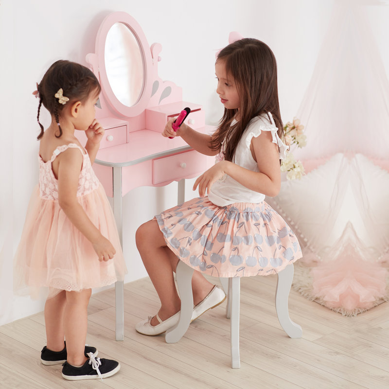  Teamson Kids Princess Rapunzel Wooden Play Vanity Table & Stool Set, Pink & Gray