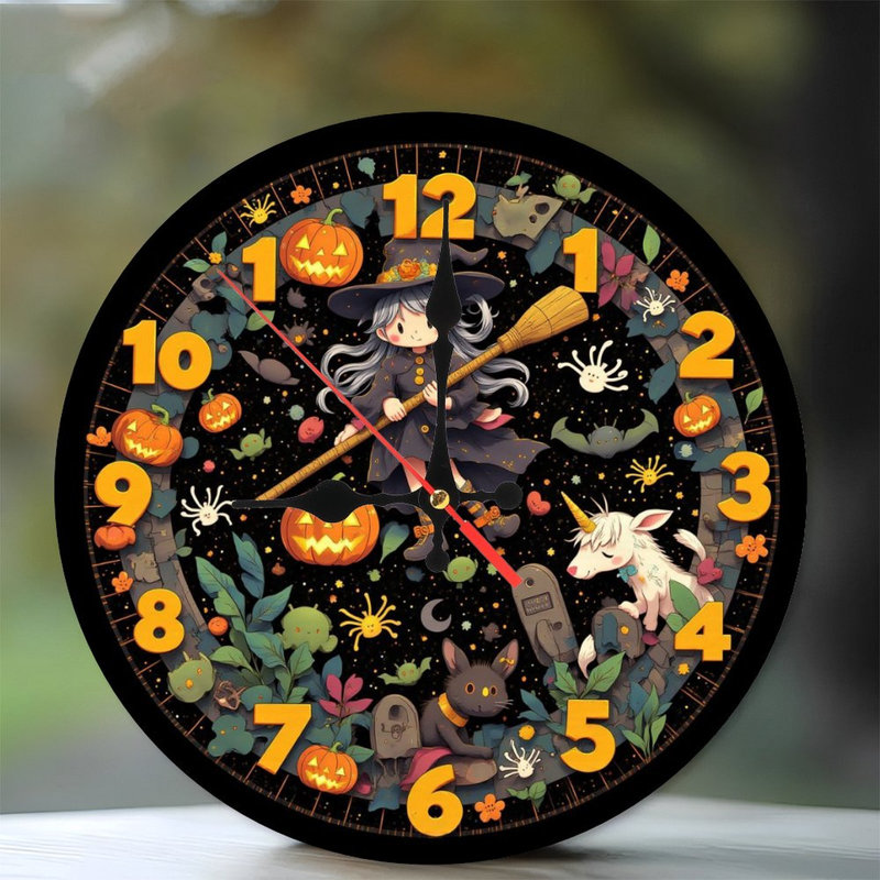 Witch flies on Halloween clock face