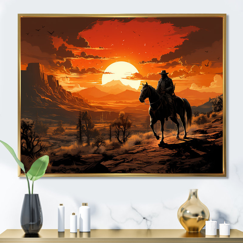 Coucher de soleil sauvage Westcowboy II - Cowboys, art mural, Cadre flottant doré, H 24 po x l 32 po x P 1 po