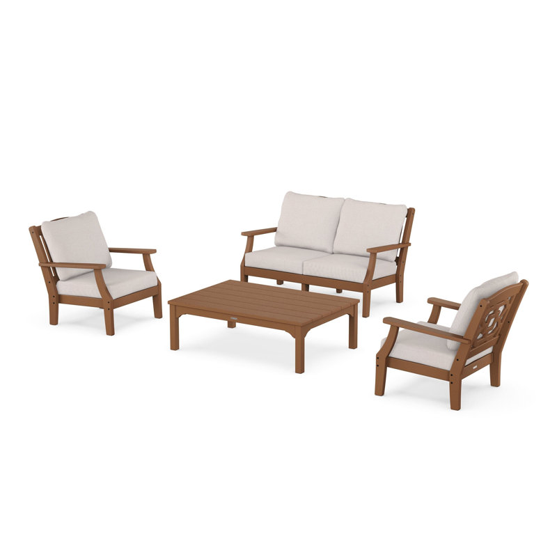 Ensemble de conversation d'extérieur pour 4 personnes avec coussins Chinoiserie, Microfibre Natural Linen Revolution®, Teck