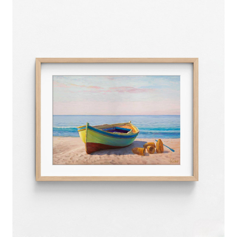 Impression de bateau coloré sur la plage, plage de sable blanc, décor de maison tropicale, impression d'art bord de mer, impression de peinture océanique, décor de maison côtière