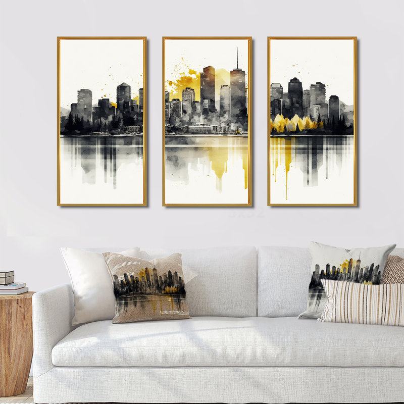 «Vancouver By Lakeside I», reproduction sur toile 3 pièces, H 28 po x l 36 po x P 1 po, Encadrement doré