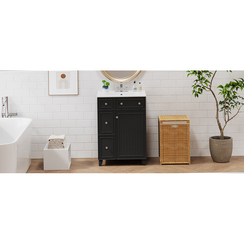 Armoire de meuble-lavabo 24 po avec lavabo en céramique, 2 tiroirs, 1 porte, Noir