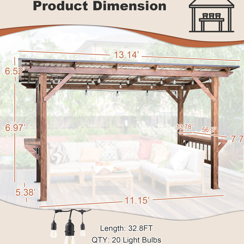 Pergola en bois avec toit en métal, ampoules et comptoirs d'espacement. Toit de belvédère très stable et exceptionnel.