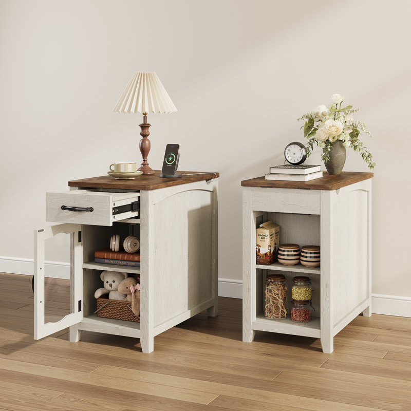 Analiesa 23.5'' Tall End Table with Charging Station and Storage, Farmhouse Nightstand for Living Room, Bedroom and Small Spaces