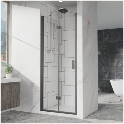 30"x 72" Pivot Bifold Frameless Glass Shower Door 1/4 inch (6mm) Tempered Clear Glass Swing Shower Panel in Black Finish, Reversible Installation