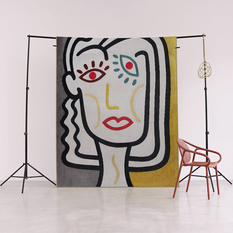 Yellow-Beige Themed Surrealist Woman's Face Patterned Creative Modern Decorative Rug, Runner 3'9" x 6'6"