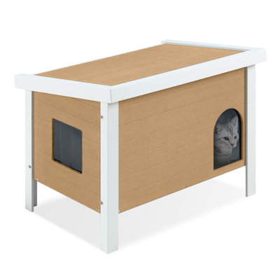 Grande maisonnette pour chat Outdoo, résistante aux intempéries, avec toit et plancher amovibles, porte de secours, teck et blanc
