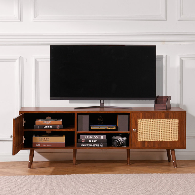 Mid-Century Modern Brown Wood Rattan TV Stand with Cabinet