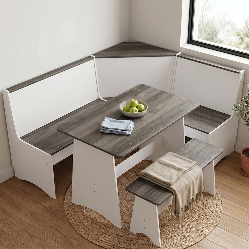 Breakfast Nook Table Set,With Storage Function Dining Nook Set With Corner Bench, White/Gray