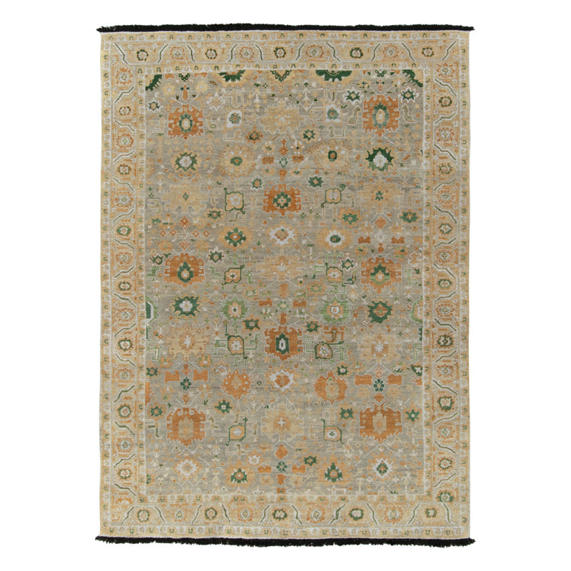 Antique Oushak Rug In Gray Green And Gold Floral Pattern By Rug & Kilim, Rectangle 10' x 14'