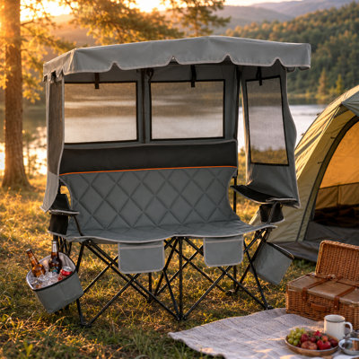 Oversized Double Camping Chair With Canopy, 2-Person Folding Camping Loveseat With Adjustable Sun Shade, Insulated Cup Holders & Detachable Coolers, Heavy-Duty Outdoor Chair For Camping, Beach & Sports Events