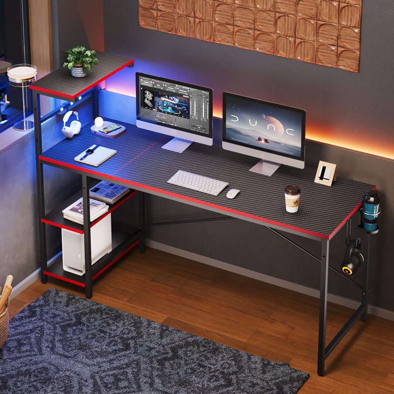 Bureau d'ordinateur de 61,3 po avec lumières DEL RVB et tablettes de rangement réversibles Nedyo, bureau à domicile avec crochet