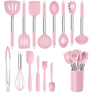 Ensemble de 15 ustensiles de cuisine en silicone, ensemble d'ustensiles de cuisine en acier inoxydable, résistant à la chaleur antiadhésif, rose