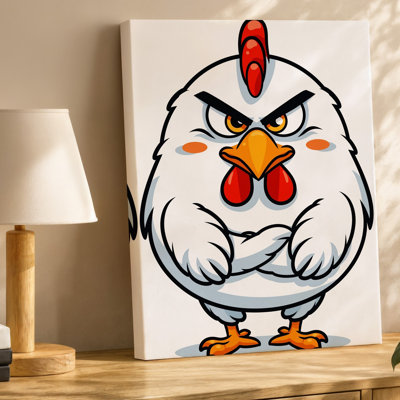 Toile, une caricature d'un poulet se tient confiant avec ses bras croisés, mettant en vedette un plumage éclatant de plumes blanches sur toile orange