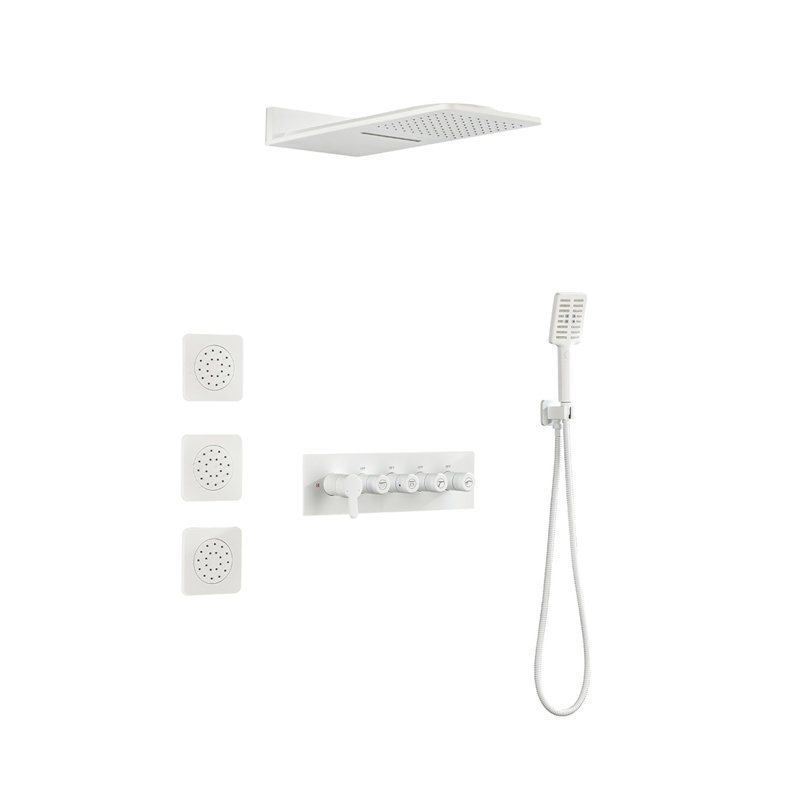 Wall Mounted Waterfall Rain Shower System With 3 Body Sprays & Handheld Shower, White