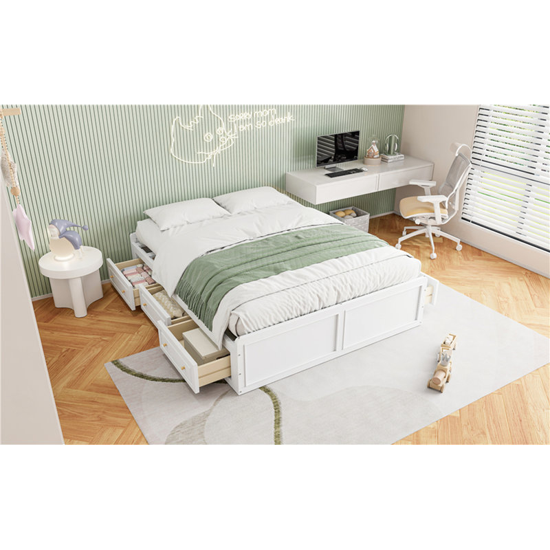 Structure de lit plateforme en bois grand format avec tiroirs, Blanc