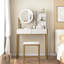 Coiffeuse de chambre avec 3 modes d'éclairage, prise électrique intégrée, tablettes de rangement et tabouret, table blanche et dorée avec prise électrique, tiroir confortable-445457633