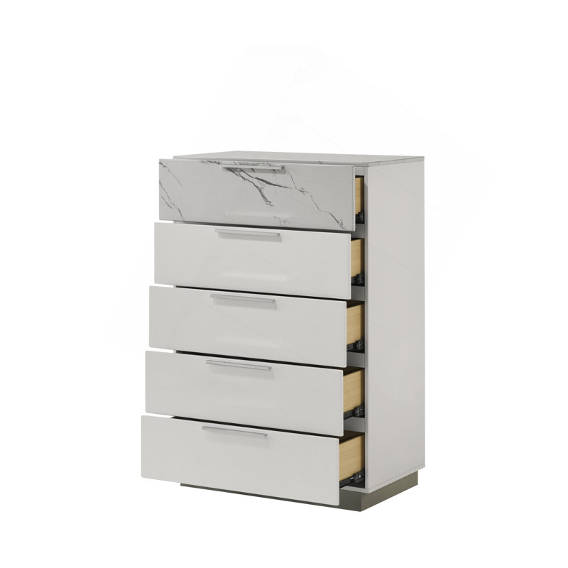 Commode Mist - finition bicolore très brillante en marbre et laque avec cinq tiroirs à glissement lisse, tiroir supérieur doublé de velours