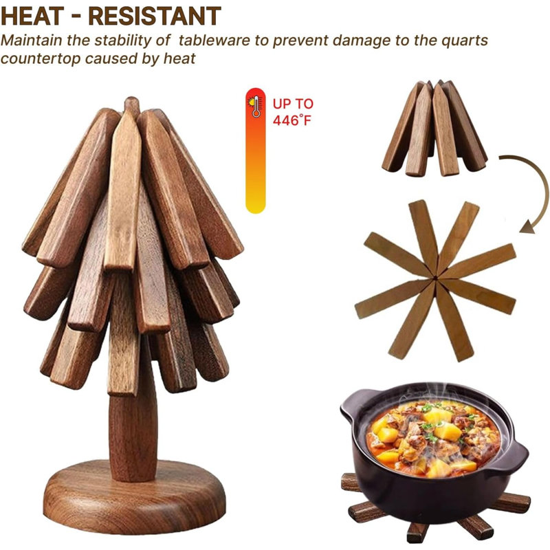 Ensemble de sous-table en bois de noyer, ensemble de sous-plat en bois de noyer pliable, 3 sous-pieds en forme d'arbre et support en bois résistant à la chaleur pour les plats chauds
