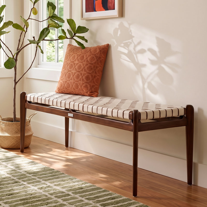 Kenan Solid Wood Bench, White Top Grain Leather