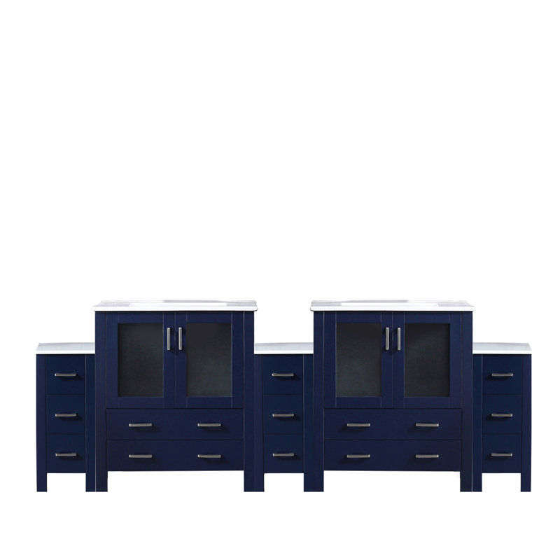 96 In. W, Navy Blue, Double Bath Vanity, Side Cabinets, White Ceramic Vanity Countertop, Solid Wood Structure Build, Soft - Closing Interior Drawers, Storage Space Management, Scratch Surface, Pre
