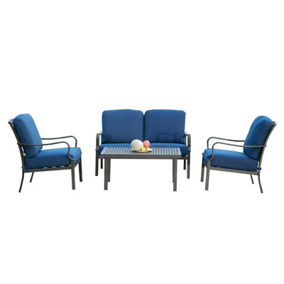 Outdoor 4 Pcs Patio Conversation Set, Metal Dining Table And Chairs Dining Set With Removable Navy Blue Cushions For Garden Lawn Yard